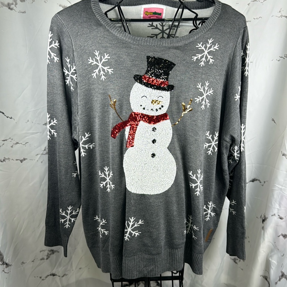 Tipsy Elves Sequin Snowman Sweater Crewneck Snowflakes Super Soft Holiday Winter
